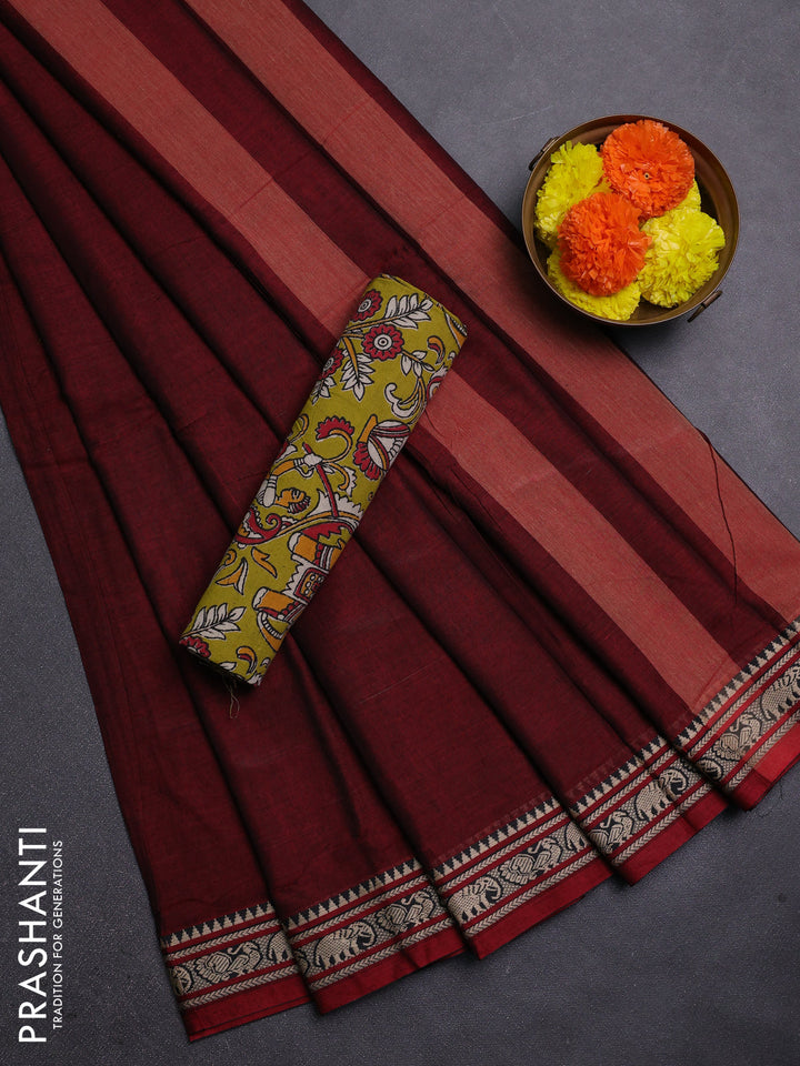 Maroon & Lime Green Narayanpet Cotton - Kalamkari Blouse
