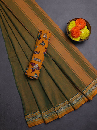 Mustard Green & Mustard Yellow Narayanpet Cotton - Kalamkari Blouse
