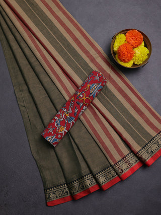 Olive Green & Maroon Narayanpet Cotton - Kalamkari Blouse