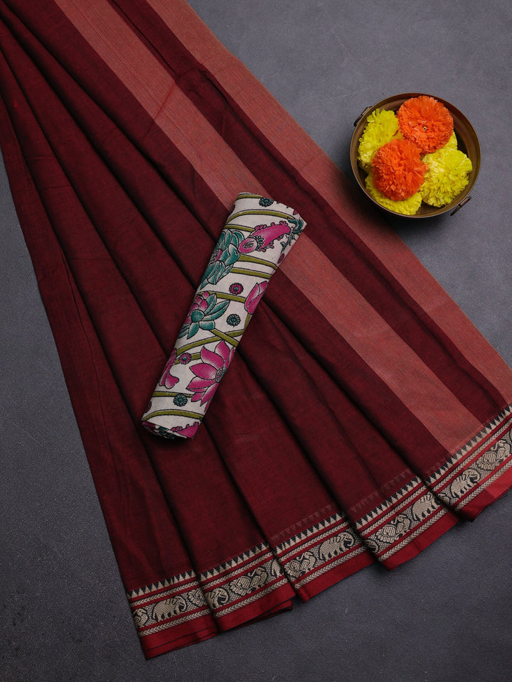 Maroon & Beige Narayanpet Cotton - Kalamkari Blouse