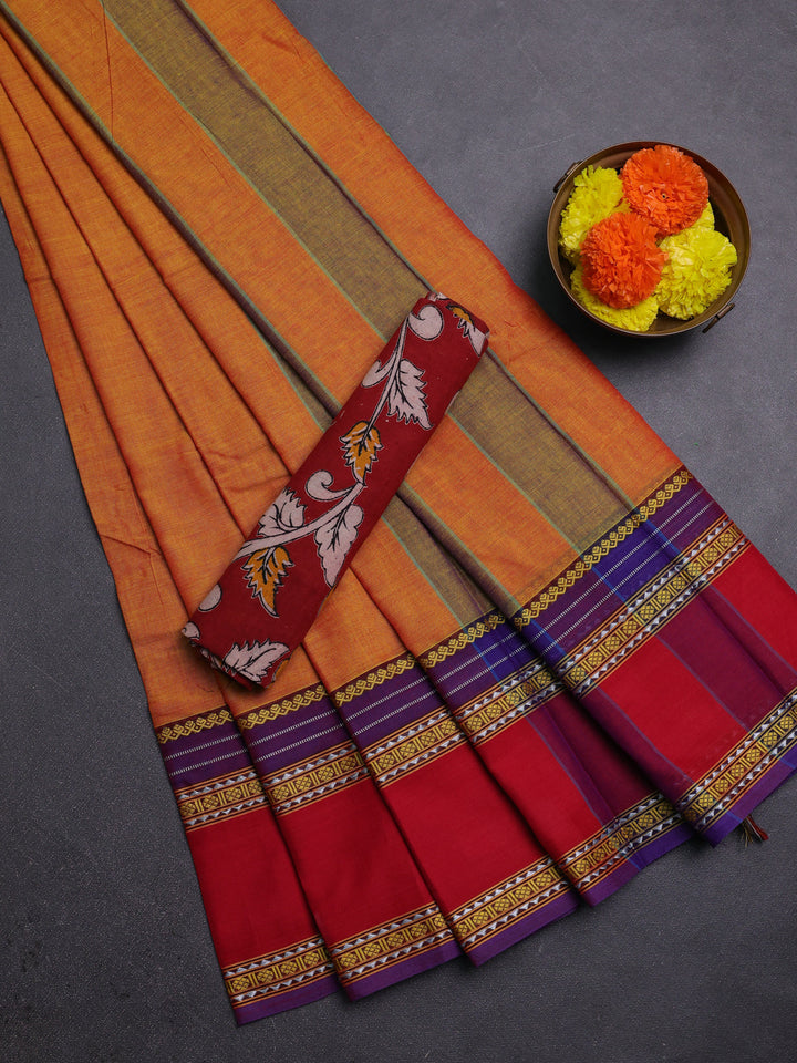 Mustard Yellow & Maroon Narayanpet Cotton - Kalamkari Blouse