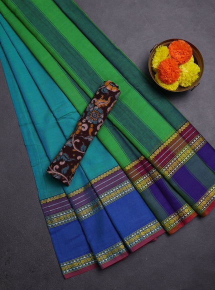 Teal Blue & Coffee Brown Narayanpet Cotton - Kalamkari Blouse