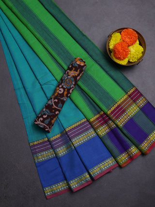 Teal Blue & Coffee Brown Narayanpet Cotton - Kalamkari Blouse