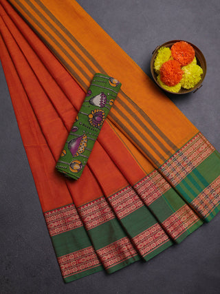Orange & Green Narayanpet Cotton - Kalamkari Blouse