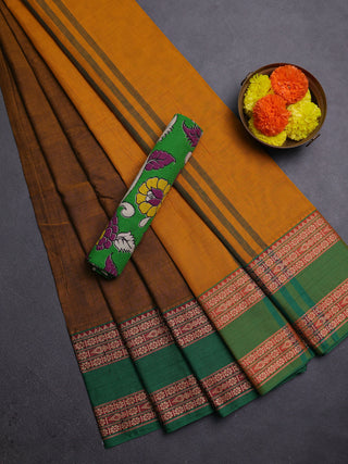 Mustard Yellow & Green Narayanpet Cotton - Kalamkari Blouse