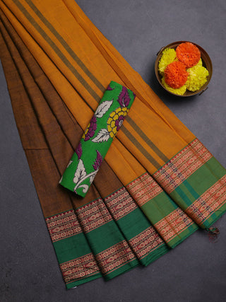 Mustard Yellow & Green Narayanpet Cotton - Kalamkari Blouse