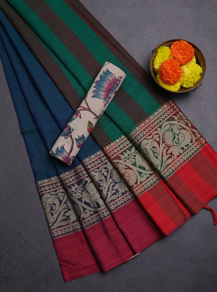 Peacock Blue & Beige Narayanpet Cotton - Kalamkari Blouse