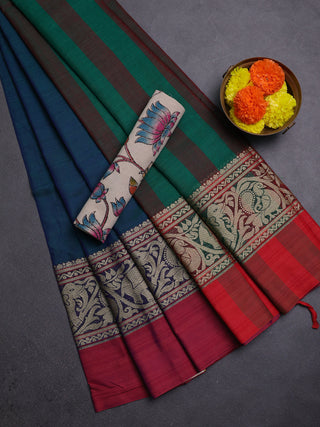 Peacock Blue & Beige Narayanpet Cotton - Kalamkari Blouse