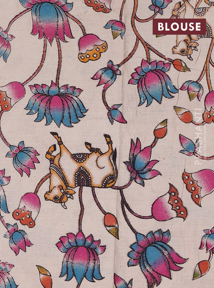 Peacock Blue & Beige Narayanpet Cotton - Kalamkari Blouse