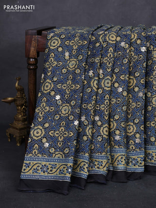 Indigo Blue & Yellow Modal Silk Saree - Embroidery