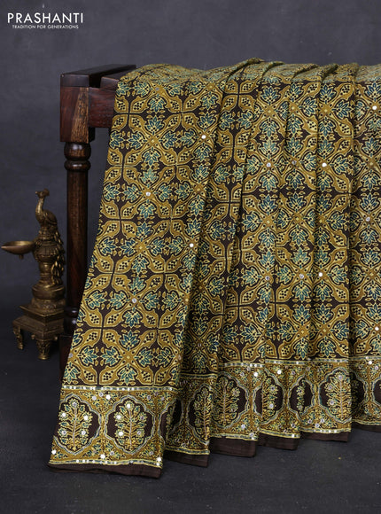 Coffee Brown & Mustard Green Modal Silk Saree - Embroidery