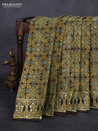Coffee Brown & Mustard Green Modal Silk Saree - Embroidery