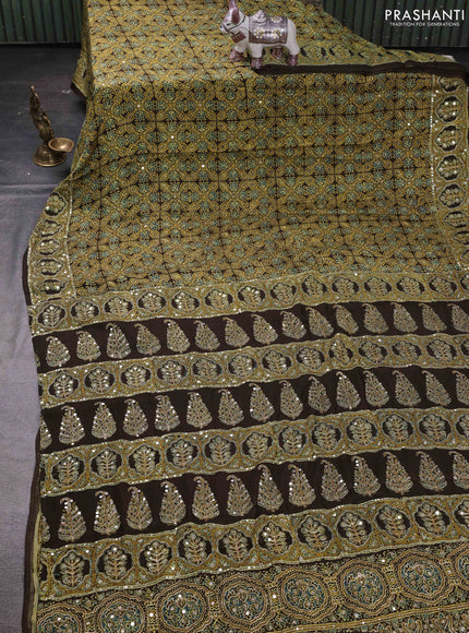 Coffee Brown & Mustard Green Modal Silk Saree - Embroidery