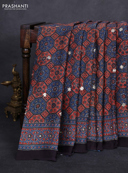 Indigo Blue & Red Modal Silk Saree - Embroidery