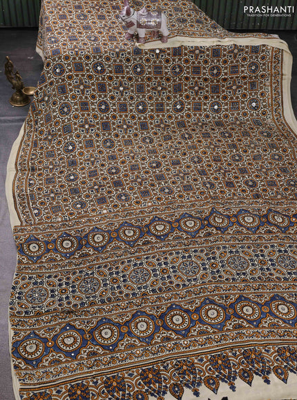 Cream & Mustard Yellow Modal Silk Saree - Embroidery