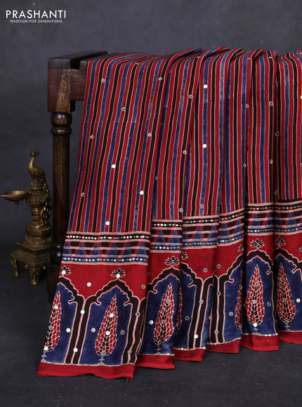 Red & Indigo Blue Modal Silk Saree - Embroidery