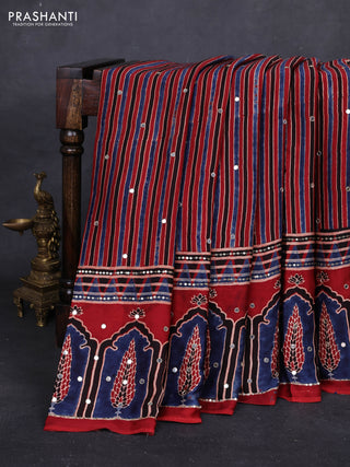 Red & Indigo Blue Modal Silk Saree - Embroidery