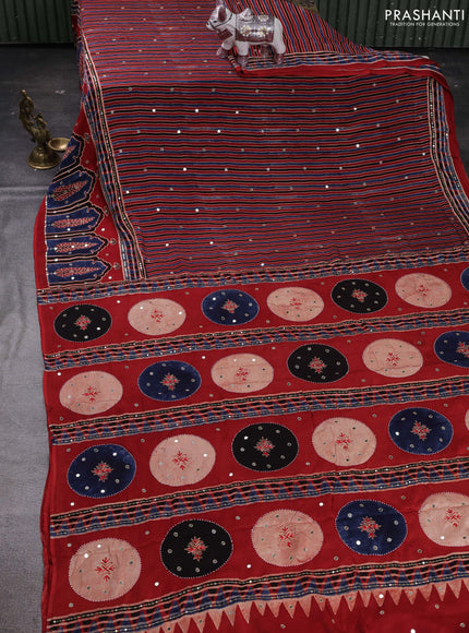 Red & Indigo Blue Modal Silk Saree - Embroidery