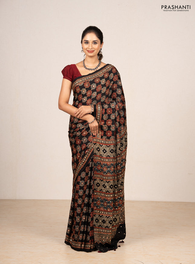 Black Modal Silk Saree - Embroidery