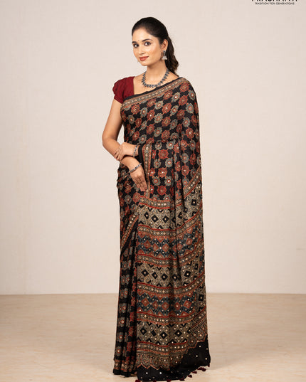 Black Modal Silk Saree - Embroidery
