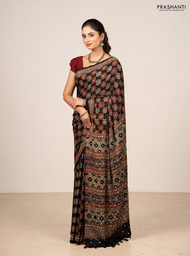 Black Modal Silk Saree - Embroidery