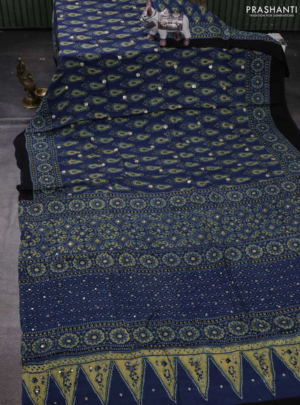 Indigo Blue & Yellow Modal Silk Saree - Embroidery