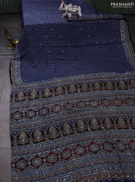 Indigo Blue & Black Modal Silk Saree - Embroidery