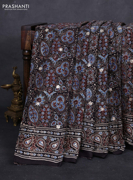 Black & Indigo Blue Modal Silk Saree - Embroidery