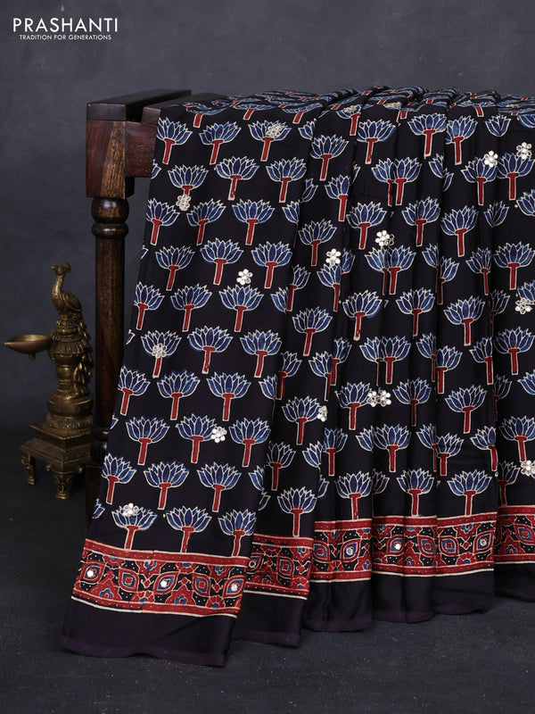 Black & Indigo Blue Modal Silk Saree - Embroidery