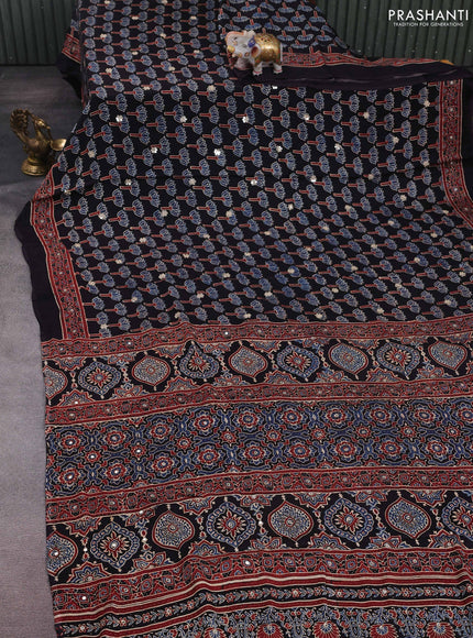 Black & Indigo Blue Modal Silk Saree - Embroidery