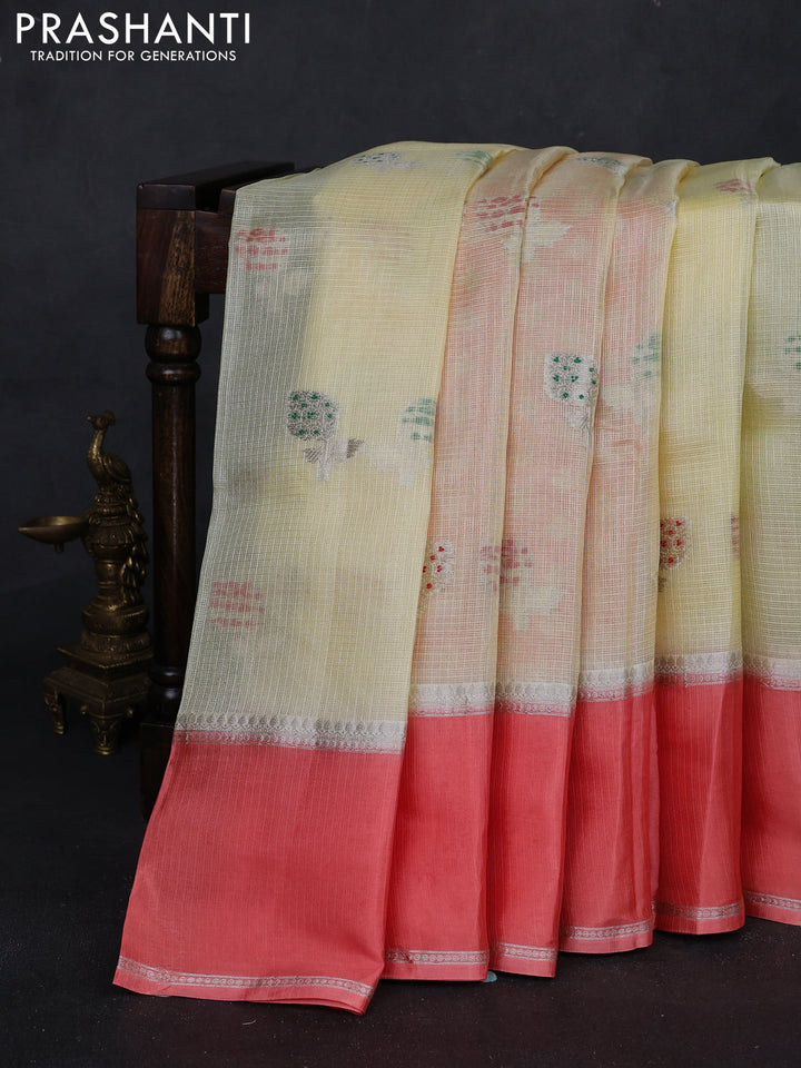 Pale Yellow & Peach Orange Banarasi Kota Silk Saree