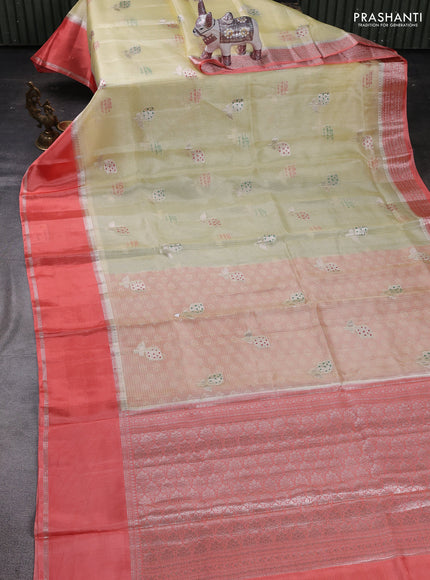 Pale Yellow & Peach Orange Banarasi Kota Silk Saree