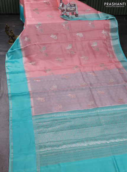 Peach  & Teal Blue Banarasi Kota Silk Saree