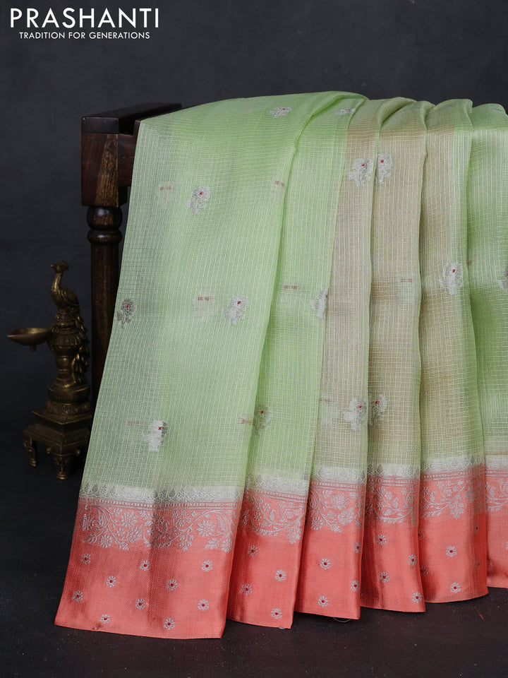 Pista Green & Orange Banarasi Kota Silk Saree