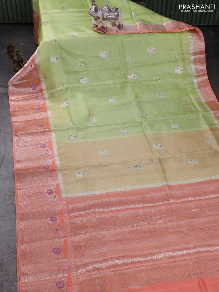 Pista Green & Orange Banarasi Kota Silk Saree