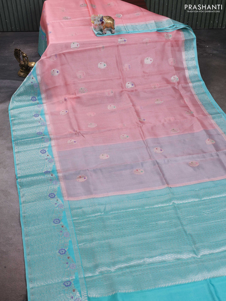 Peach & Teal Blue Banarasi Kota Silk Saree