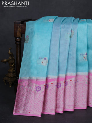 Teal Blue & Pink Banarasi Kota Silk Saree