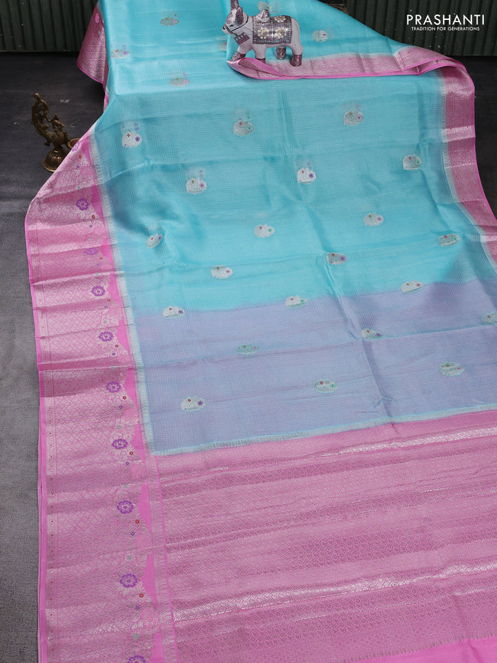 Teal Blue & Pink Banarasi Kota Silk Saree