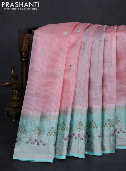 Peach Pink & Teal Blue Banarasi Kota Silk Saree