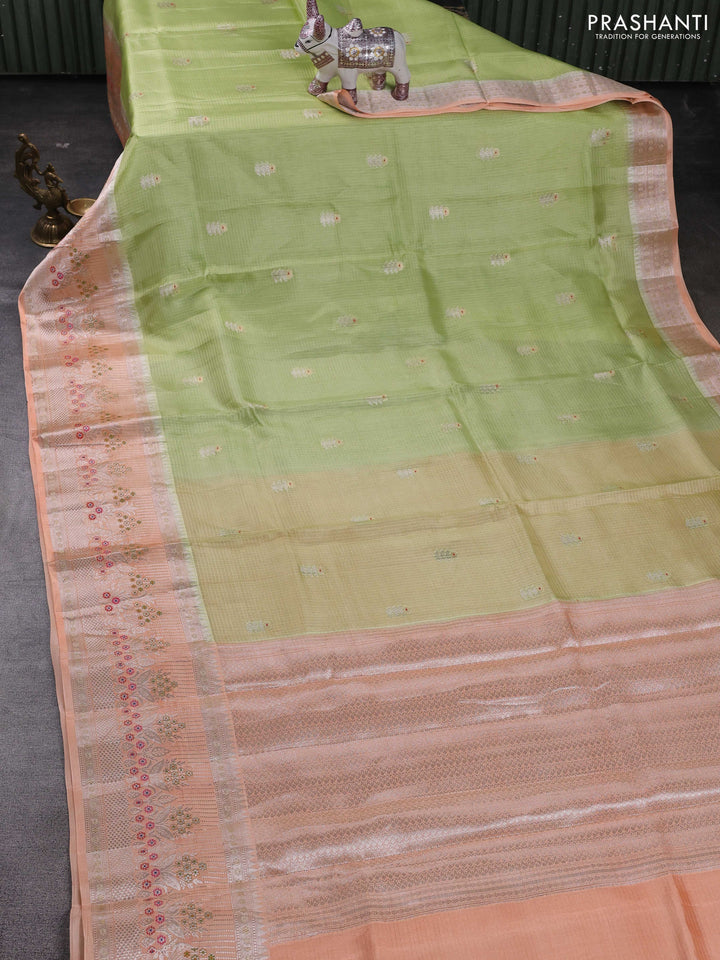 Pista Green & Pale Orange Banarasi Kota Silk Saree