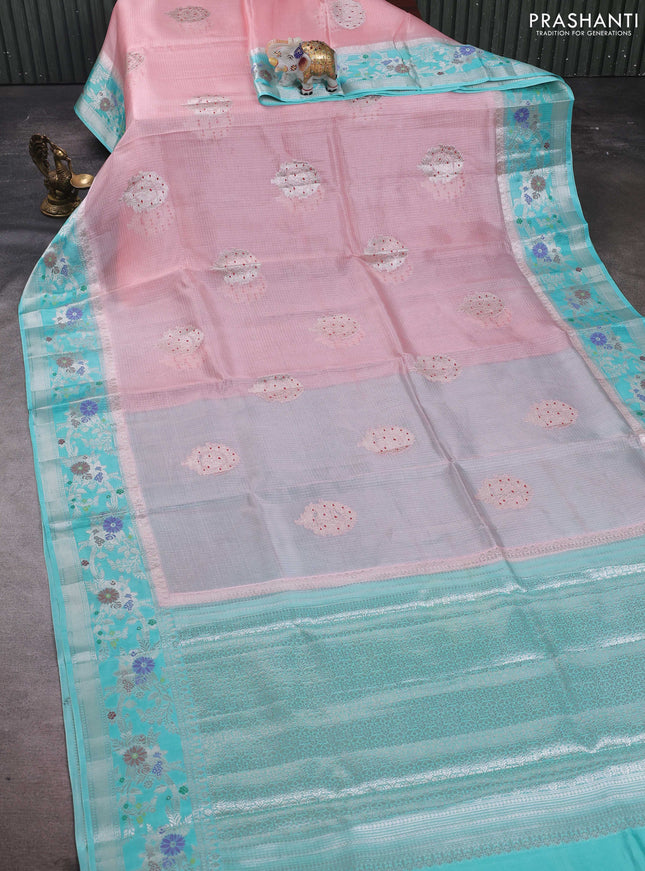 Peach & Teal Blue Banarasi Kota Silk Saree