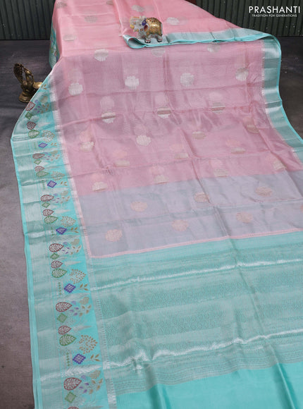 Peach Pink & Teal Blue Banarasi Kota Silk Saree