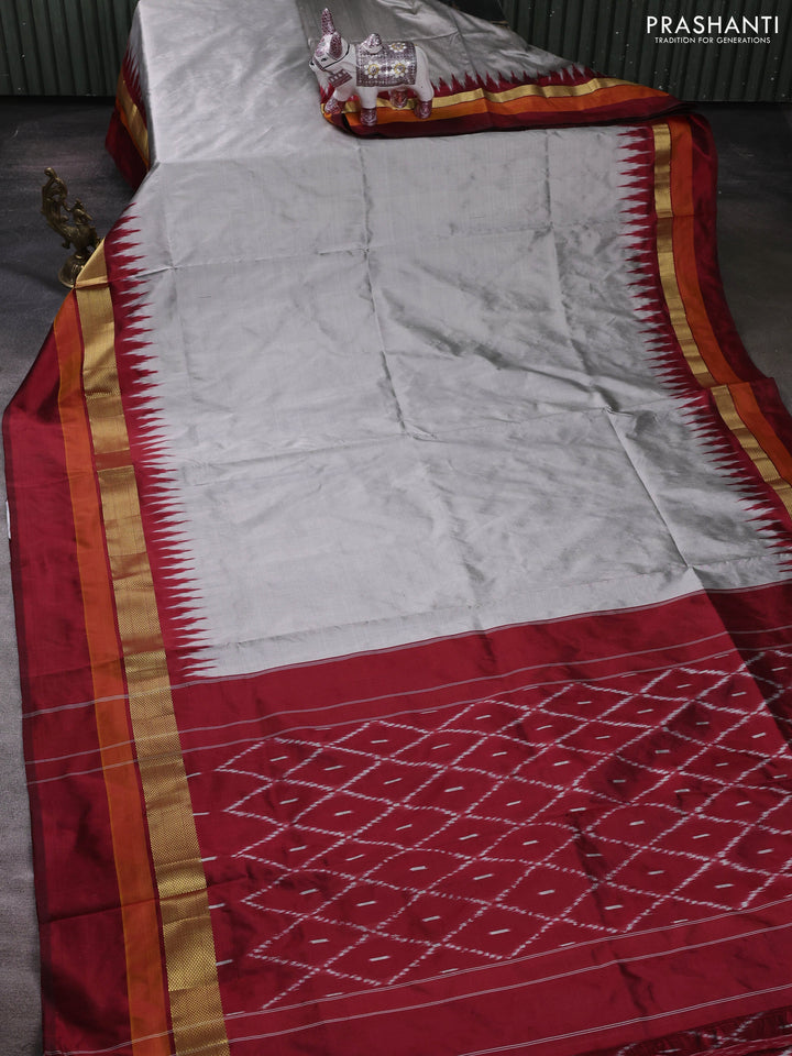 Grey & Maroon Pochampally Silk Saree