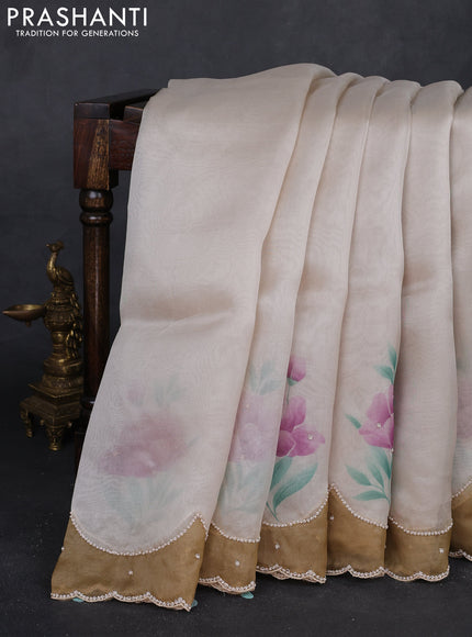 Beige & Brown Pure Organza Silk - Embroidery