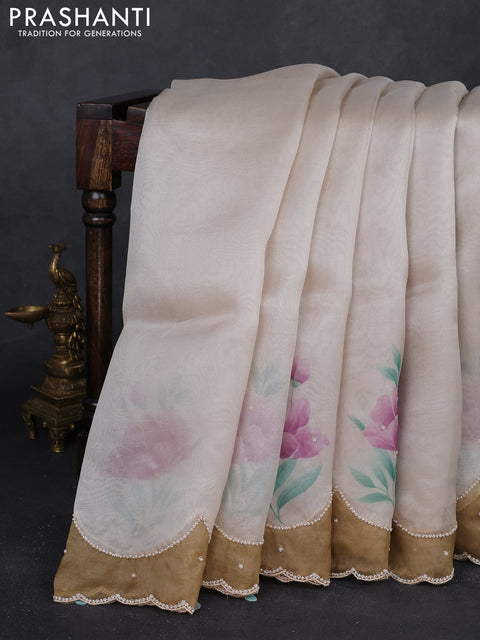 Beige & Brown Pure Organza Silk - Embroidery