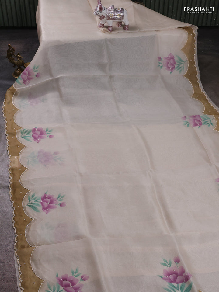 Beige & Brown Pure Organza Silk - Embroidery
