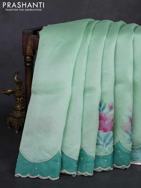Teal Green & Green Pure Organza Silk - Embroidery