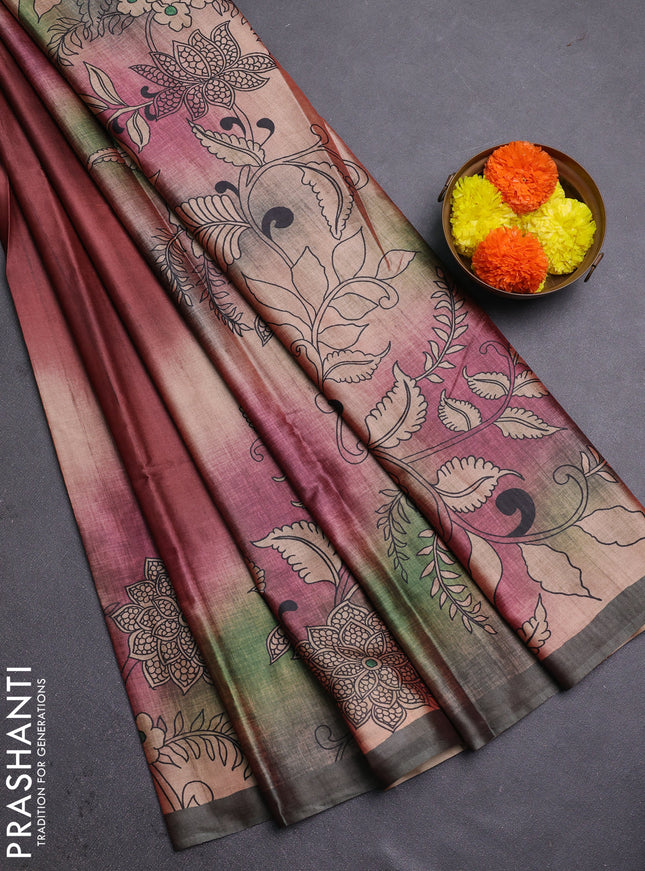 Pastel Maroon & Sage Green Printed Silk - Kalamkari Prints