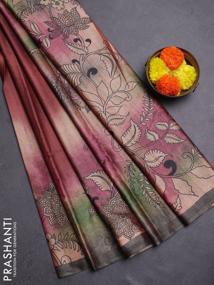 Pastel Maroon & Sage Green Printed Silk - Kalamkari Prints