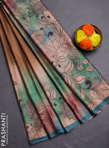 Mustard & Peacock Blue Printed Silk - Kalamkari Prints